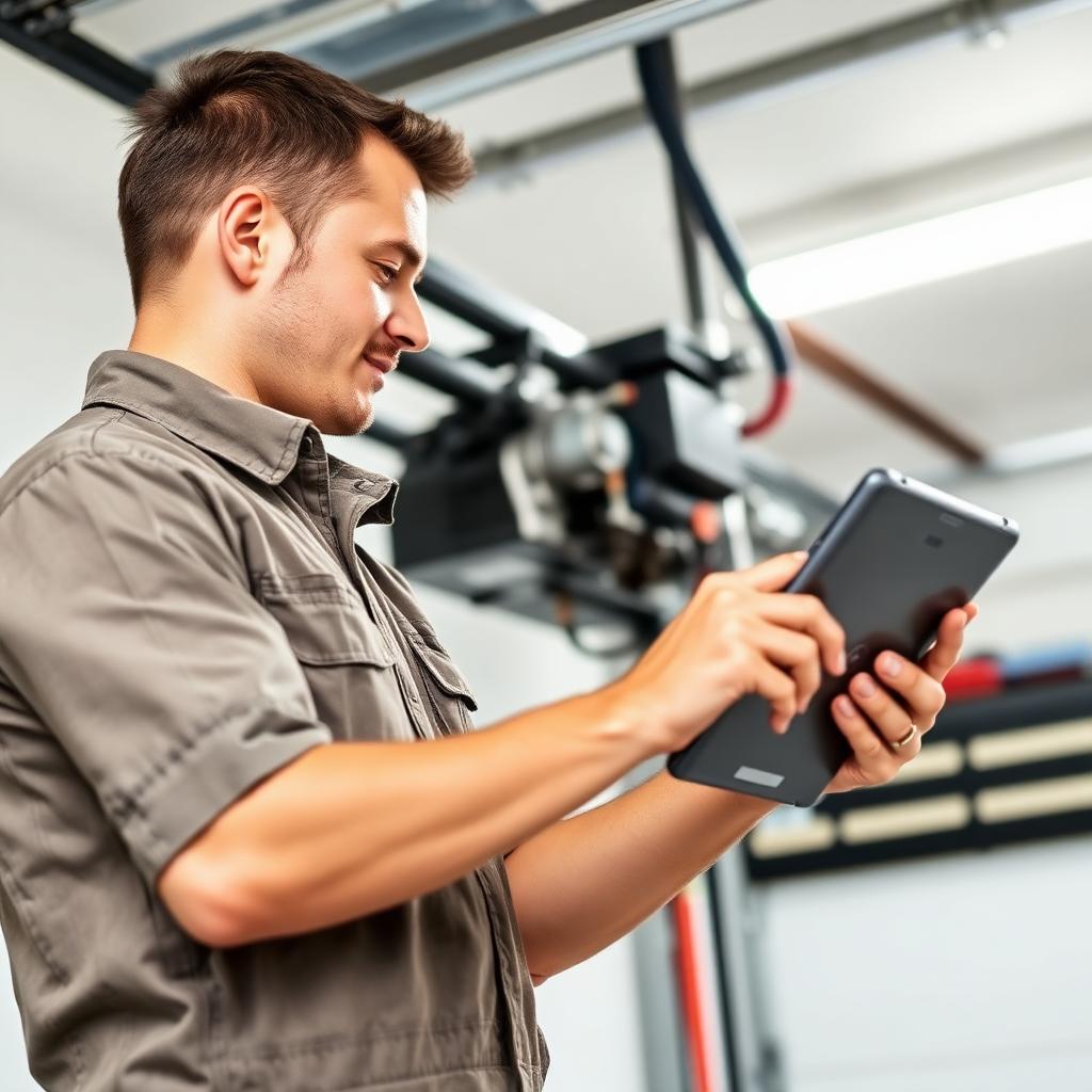 Professional garage door technician using tablet for digital inspection
